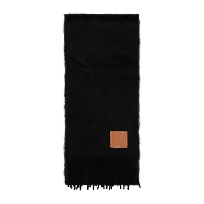 Loewe Logo Patch Fringed Scarf In Black