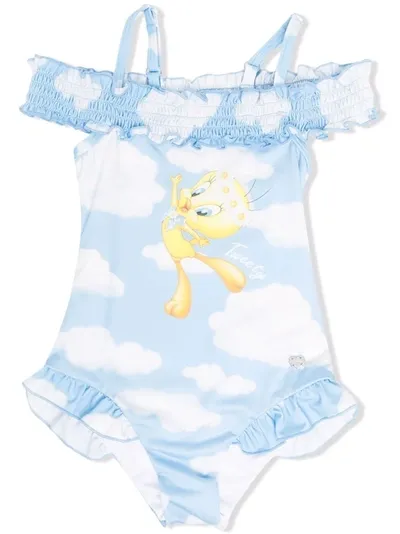 Monnalisa Kids' Titty Clouds Stretch Fabric Swimsuit With Ruffles In Blue