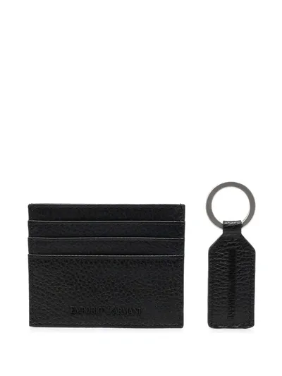 Emporio Armani Logo-embossed Leather Cardholder And Keyring In Black