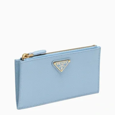 Prada Light Bleu Leather Zipped Credit Card Holder In Light Blue