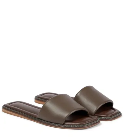 Brunello Cucinelli Embellished Leather Slides In Brown