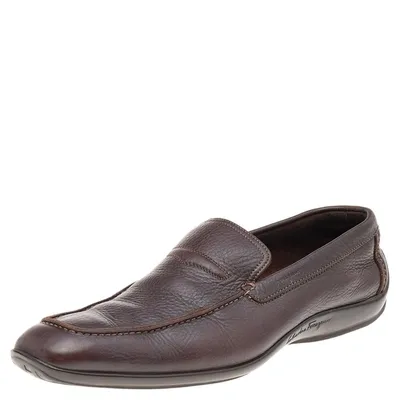 Pre-owned Ferragamo Dark Brown Leather Slip On Penny Loafers Size 41.5