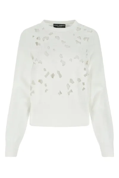 Dolce & Gabbana Crewneck Openwork Embroidered Sweater In White