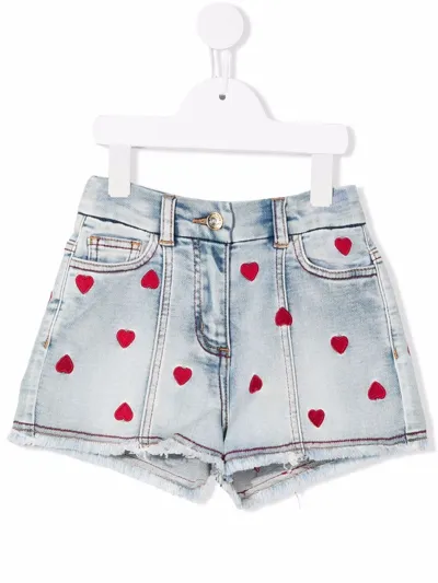 Monnalisa Kids' Heart Embroidered Cotton Denim Shorts In Blue