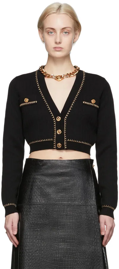 Versace Cropped Ribbed Wool-blend Cardigan In Black