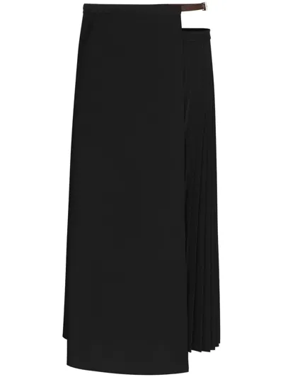 Tibi Tropical Wool Pleated Wrap Skirt W/ Leather Belt In Black