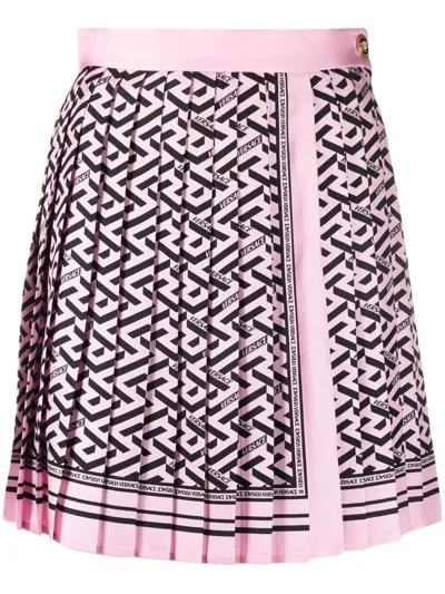 Versace La Greca Print Pleated Miniskirt In Pink