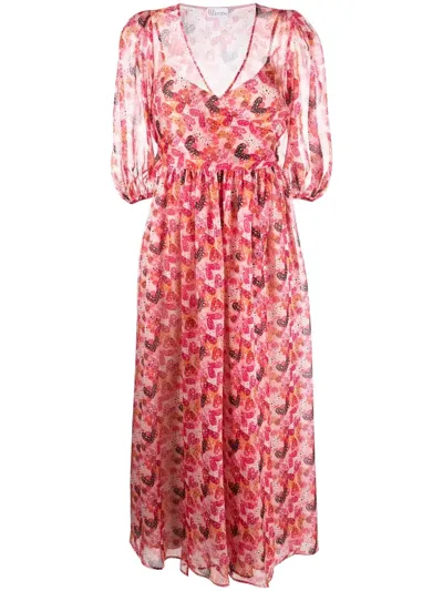 Red Valentino Silk Chiffon Midi Dress With Polka Dot Hearts Print In Pink