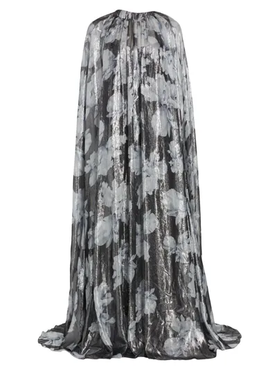 Halston Nicoletta Cape-effect Metallic Floral-print Silk-blend Gown In Black