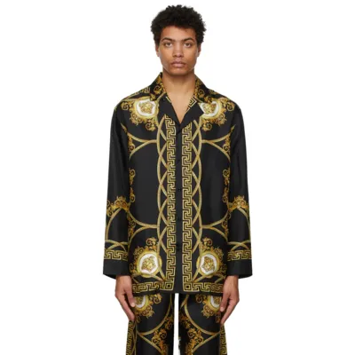 Versace Seta Coupe De Deaux Silk Pajama Shirt In Black Gold