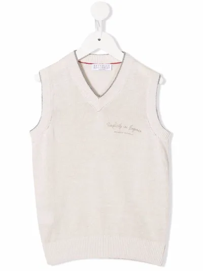 Brunello Cucinelli Kids' Embroidered Knitted Vest In Neutrals