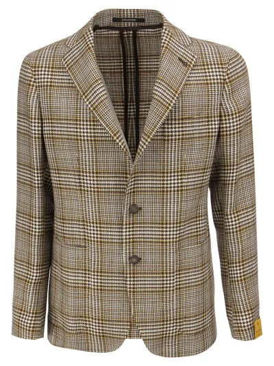 Tagliatore Cotton And Linen Tartan Jacket In Brown/ocher