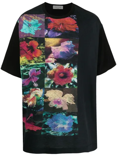 Yohji Yamamoto Dictionary Flower Print Cotton T-shirt In Black,multi