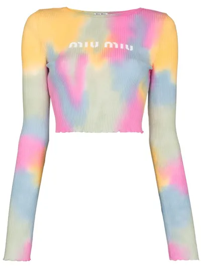 Miu Miu Tie-dye Print Long Sleeve Jersey Top In Multicolor