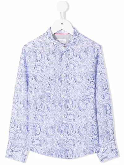 Brunello Cucinelli Kids' Paisley-print Button-up Shirt In Blue