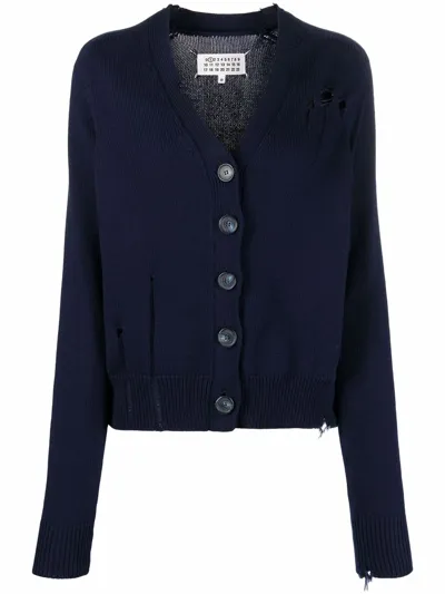 Maison Margiela Distressed-finish V-neck Cardigan In Blue