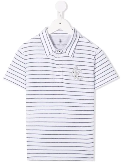 Brunello Cucinelli Kids' Stripe-print Short-sleeved Polo Shirt In White