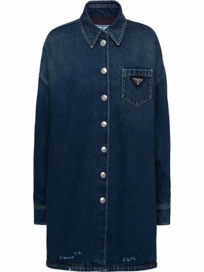 Prada Oversized Padded Denim Shirt In Blue