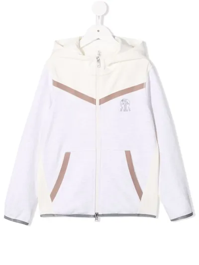 Brunello Cucinelli Kids' Two-tone Zip-up Hoodie In White