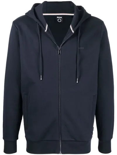 Hugo Boss Cotton Zipped Hoodie In Blue