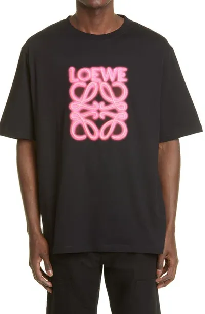 Loewe Neon Anagram Logo Embroidered Cotton T-shirt In Black