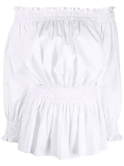 Norma Kamali Off-the-shoulder Shirred Cotton-poplin Mini Dress In White