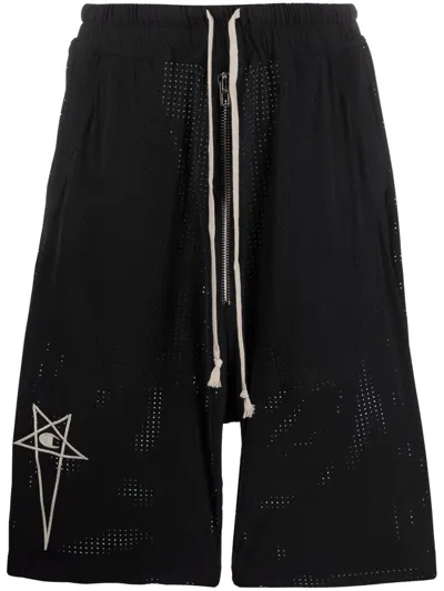 Rick Owens X Champion Embroidered-logo Knee-length Shorts In Schwarz