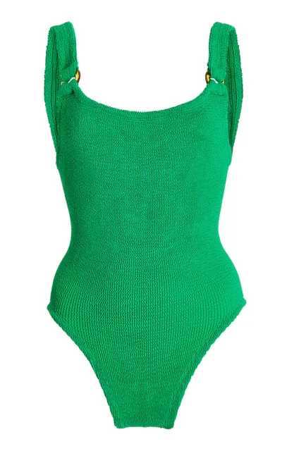 Hunza G Seersucker Texture Open-back Swimsuit In Metallic Forest Green