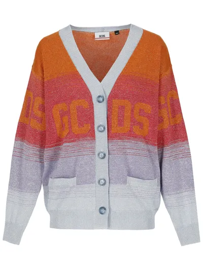 Gcds Striped Intarsia-logo Knit Cardigan In Multi