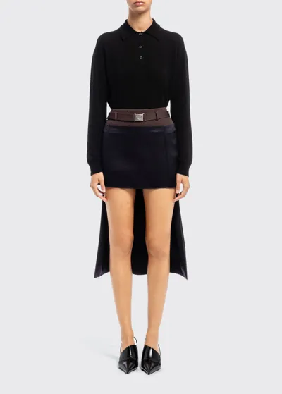 Prada Satin Mini Skirt W/ Pleated Train In F0008 Bleu