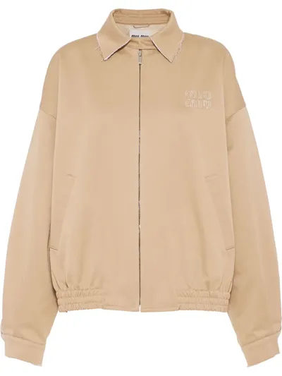 Miu Miu Beige Logo-embroidery Bomber Jacket In Corda