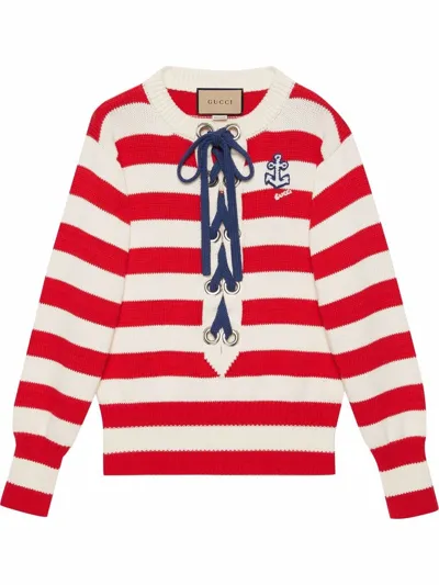 Gucci Lace-up Striped Cotton Sweater In Ivory/red