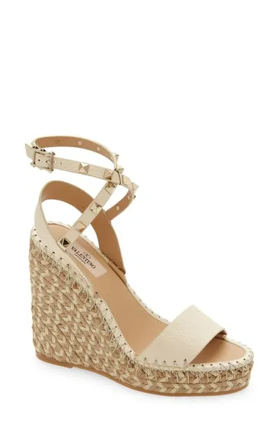 Valentino Garavani Rockstud Double Espadrille Wedge Sandals In White