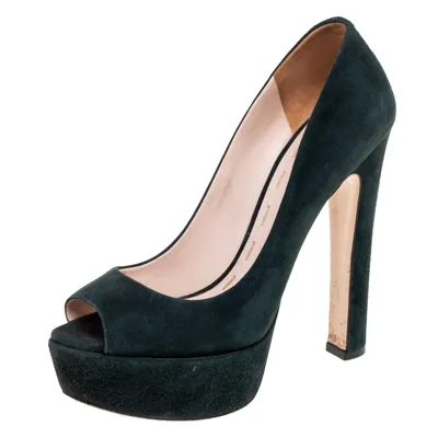 Pre-owned Miu Miu Dark Green Suede Peep Toe Platform Pumps Size 36