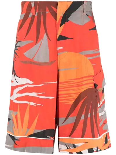 Palm Angels Hawaii Graphic-print Cargo Shorts In Red