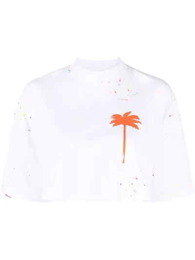 Palm Angels White/multicolour Palm-print Cropped T-shirt