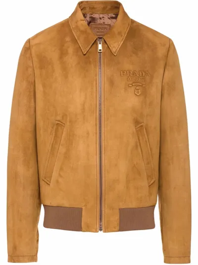 Prada Embossed Logo Zipped Suede Jacket In Brown