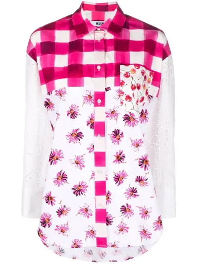 Msgm Checked Floral-print Long-sleeve Shirt In Multi