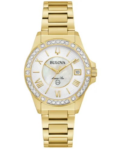 Bulova Women's Marine Star Diamond (1/10 Ct. T.w.) Gold-tone Stainless Steel Bracelet Watch 32mm In Gold Tone / White