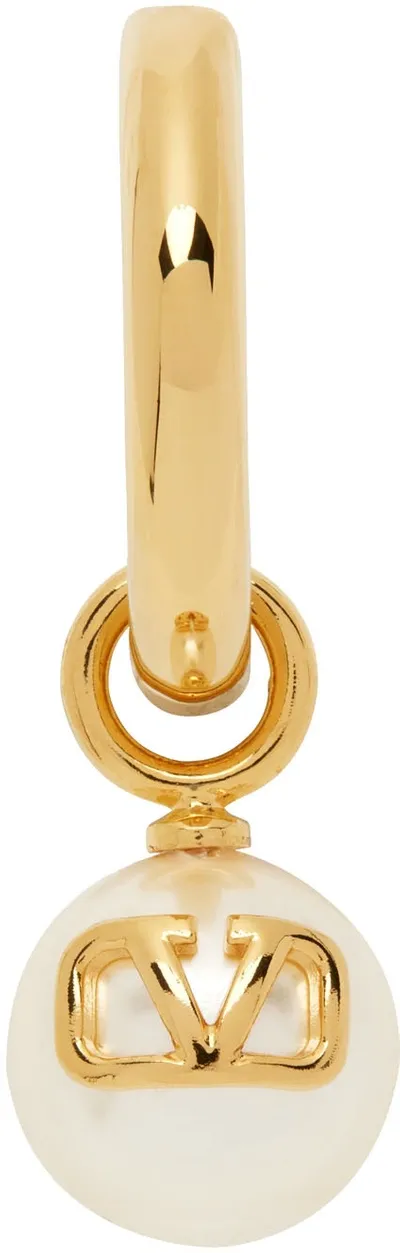 Valentino Garavani Faux Pearl & V Logo Hoop Mono Earring In White,gold