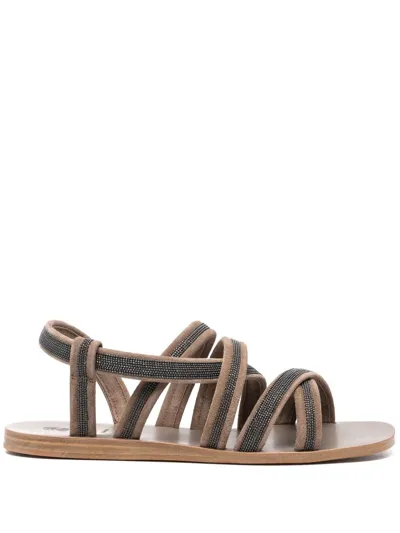 Brunello Cucinelli Strappy Suede Monili Flat Sandals In Brown