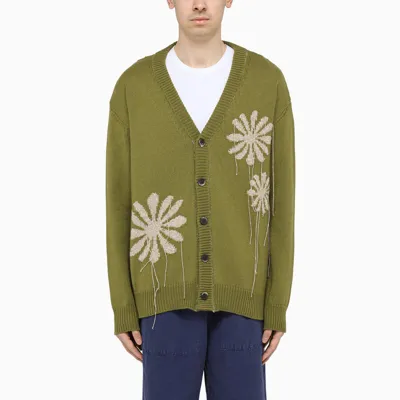 President's Floral-embroidered Kaki Cardigan In Green