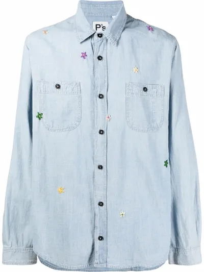 President's Denim Shirt With Floral Embroidery In Light Blue