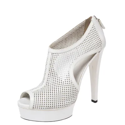 Pre-owned Gucci White Perforated Leather Kim Platform Ankle Booties Size 38