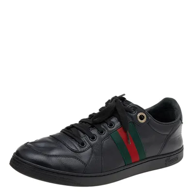 Pre-owned Gucci Black Leather Web Low Top Sneakers Size 42