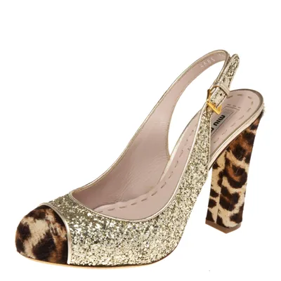 Pre-owned Miu Miu Tri-color Coarse Glitter And Leopard Print Calf Hair Cap-toe Slingback Pumps Size 37.5 In Gold