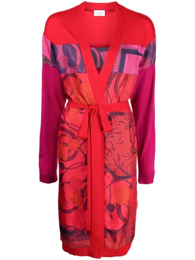 Ferragamo Heritage-print Long Belted Cardigan In Pink