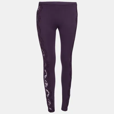 Pre-owned Emilio Pucci Purple Knit & Lace Inset Leggings S