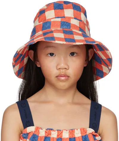 Wynken Kids Off-white Terry Check Bucket Hat In Orange