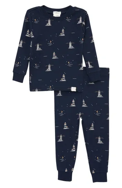 Firsts By Petit Lem Babies' Lighthouse Fitted Two-piece Stretch Cotton Pajamas In Blue